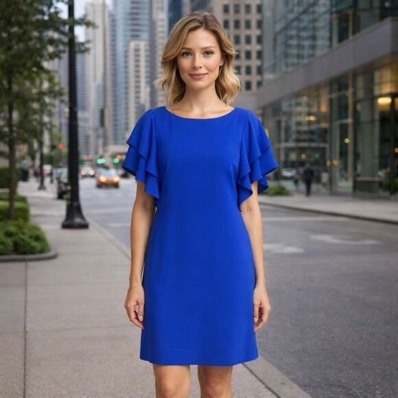 Adrianna Papell Dresses & Skirts - Adrianna Papell Womens Blue Ruffle Sleeve Short Shift Dress Size 4 NWT